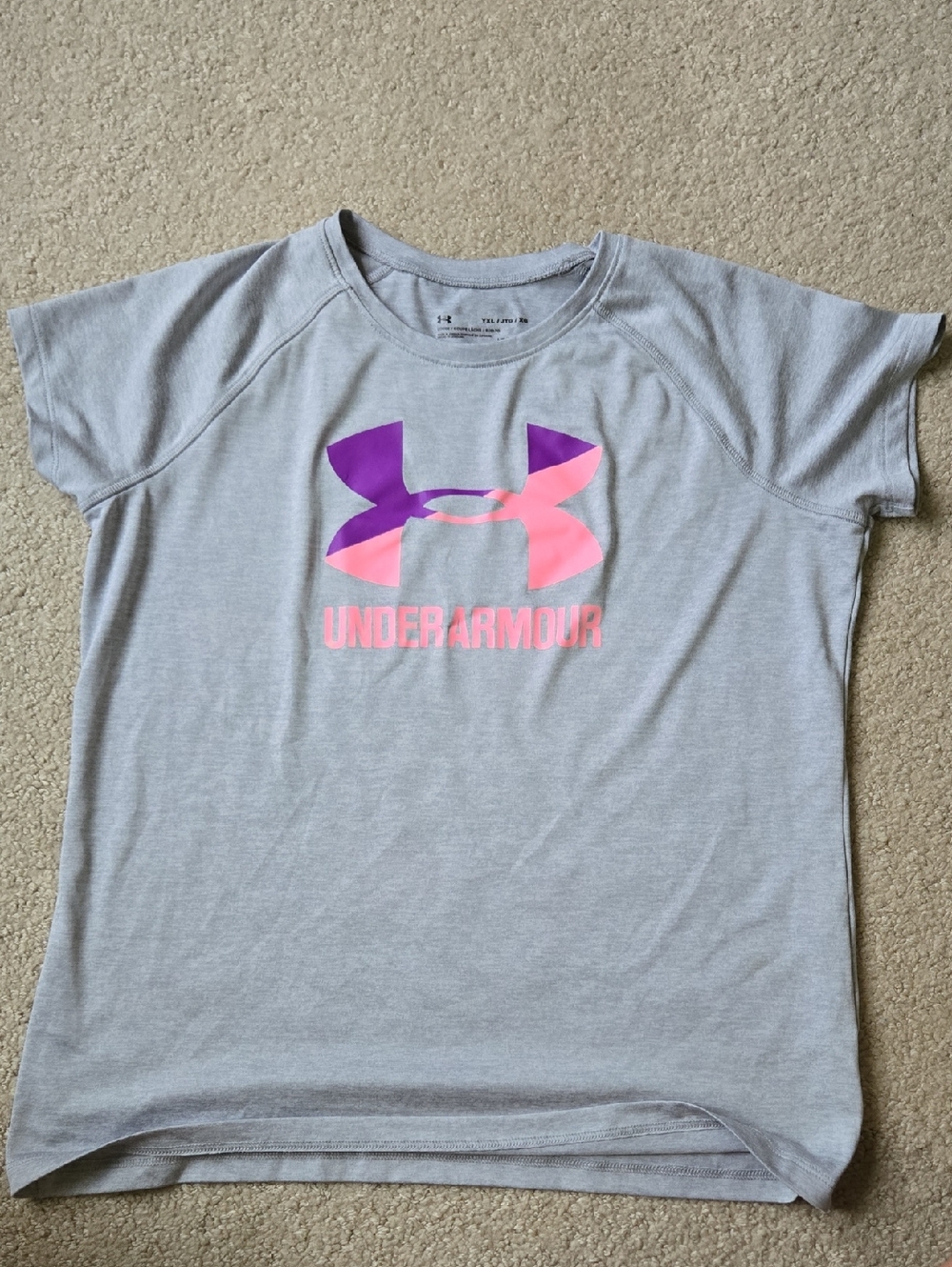 Under Armour Light Gray Tee with Pink & Purple Logo